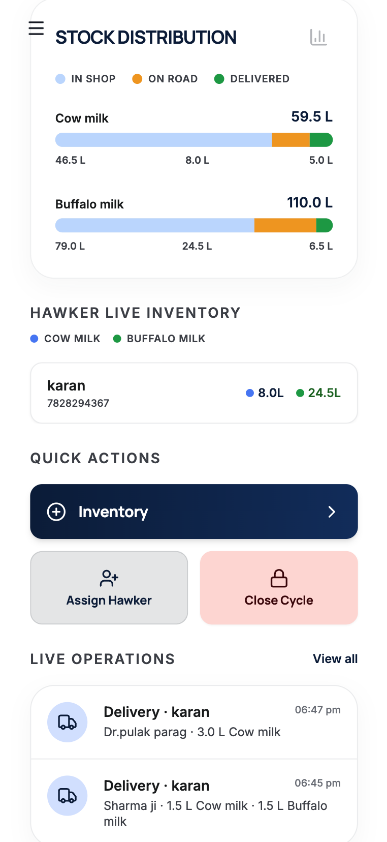 DairyTech manager screen on mobile — live operations