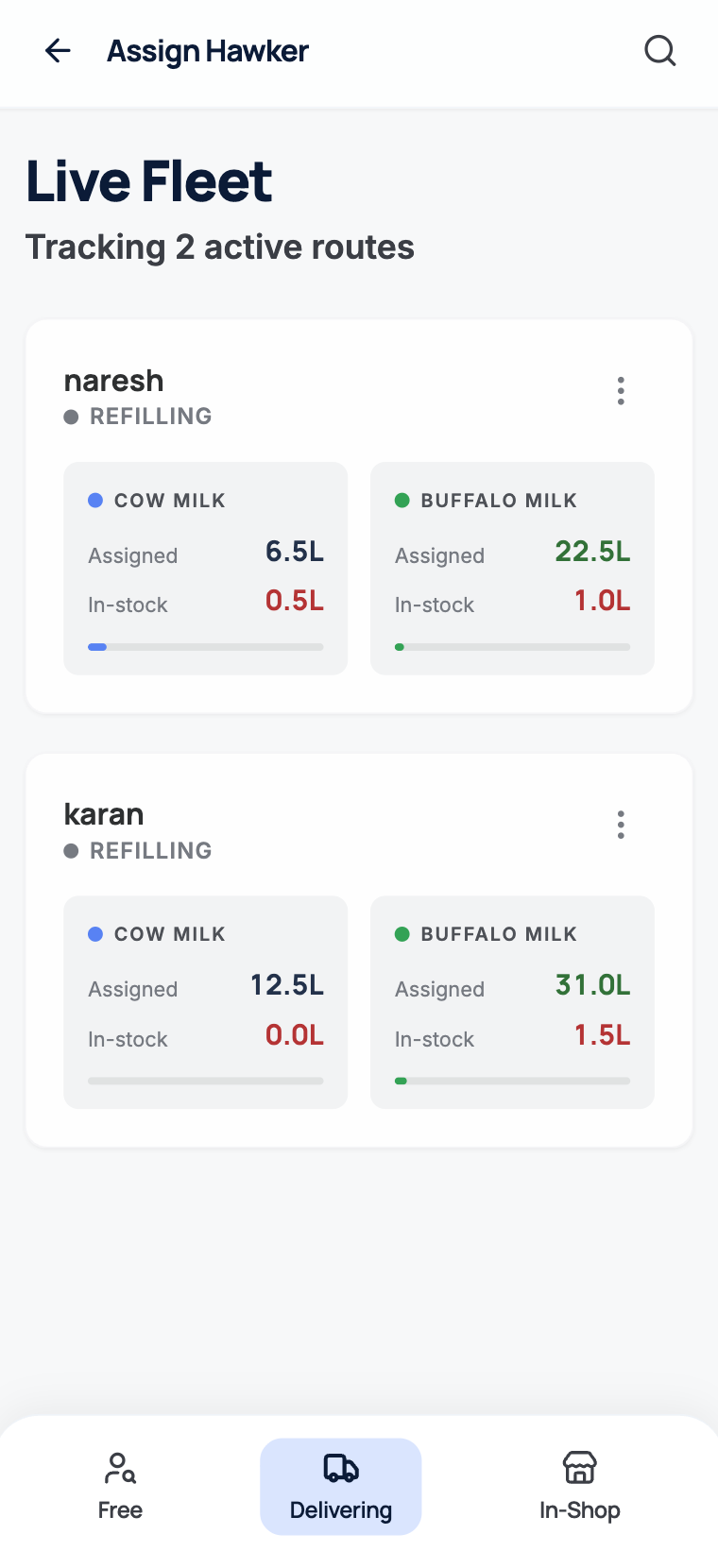 DairyTech live fleet and route screen